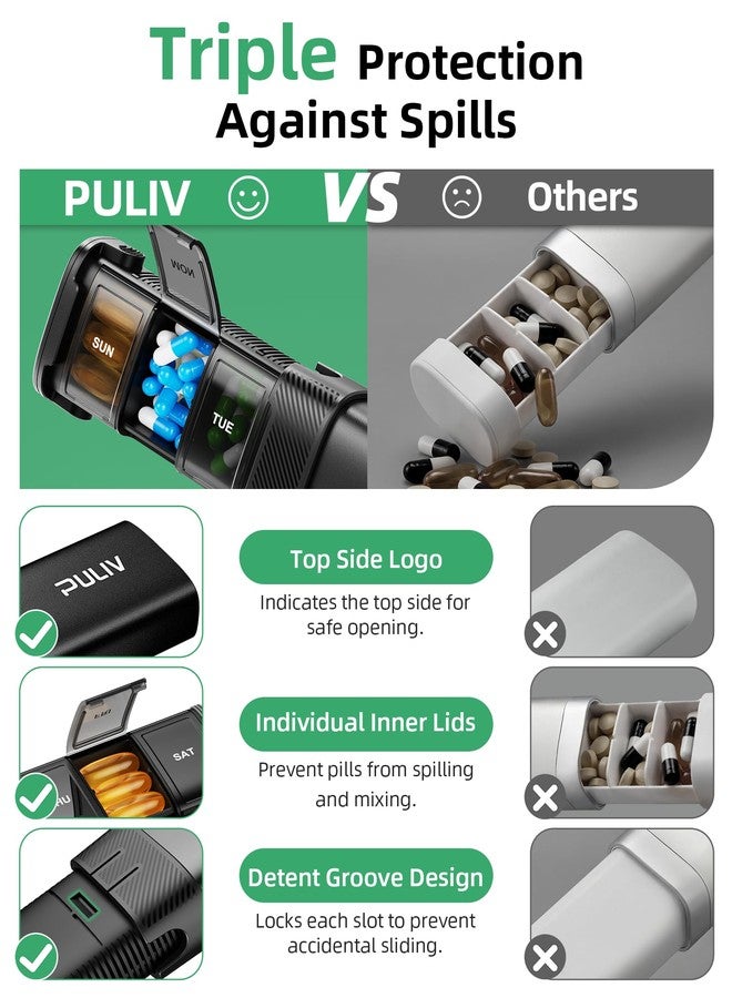 PULIV Metal Weekly Pill Organizer with Sturdy & Sleek Aluminum Alloy Case, Pill Case with Triple Protection Against Spilling, Compact Travel Pill Box 7 Day for Vitamins, Fish Oils, Supplements, Black - Image 4